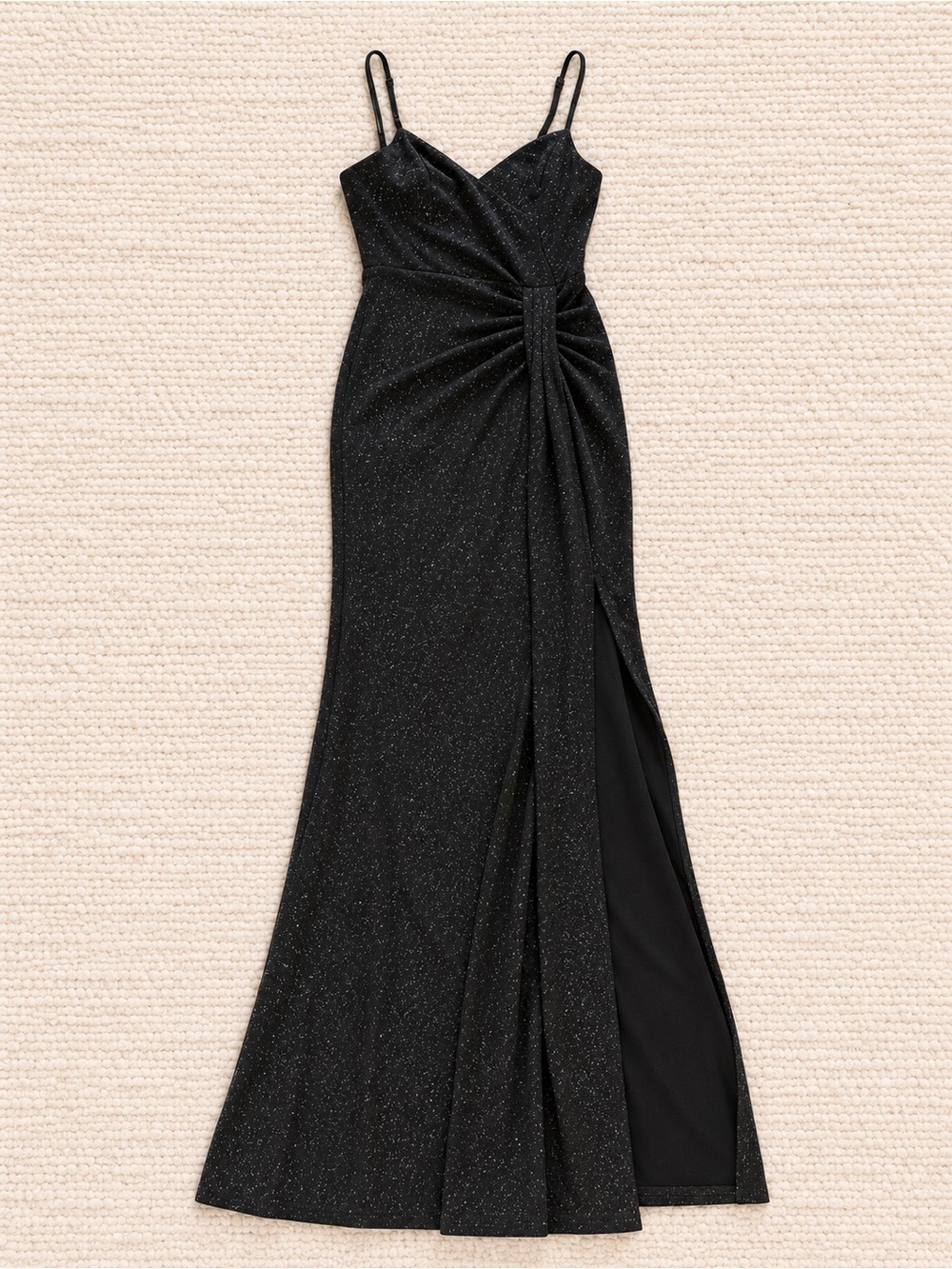 David's Bridal Black Sparkle Ruched Wrap Gown